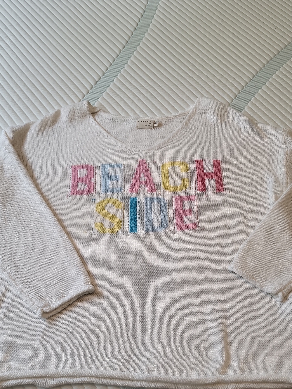 Dreamers Cream Knit Sweater with Multicolor 'BEACH SIDE' Lettering
